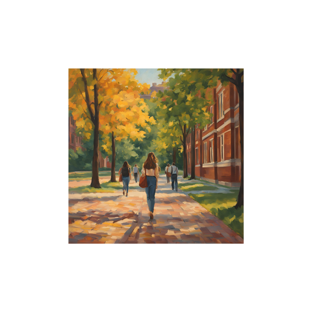 AI generated inmage from Canva using this prompt "An MBA student visiting a university campus in late summer, impressionist style, warm tones, trees with green and golden leaves, students walking, old brick buildings in the background." Rolling Admissions
