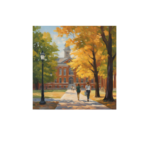 AI generated inmage from Canva using this prompt "An MBA student visiting a university campus in late summer, impressionist style, warm tones, trees with green and golden leaves, students walking, old brick buildings in the background." Rolling Admissions