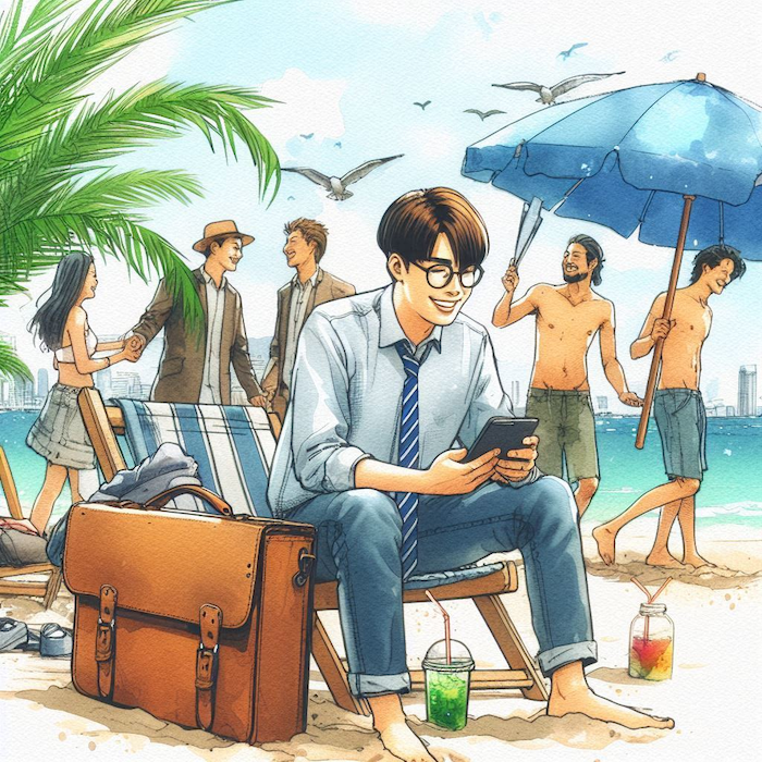 Bing AI generated image from this prmpt "MBA students at the beach during the summer"